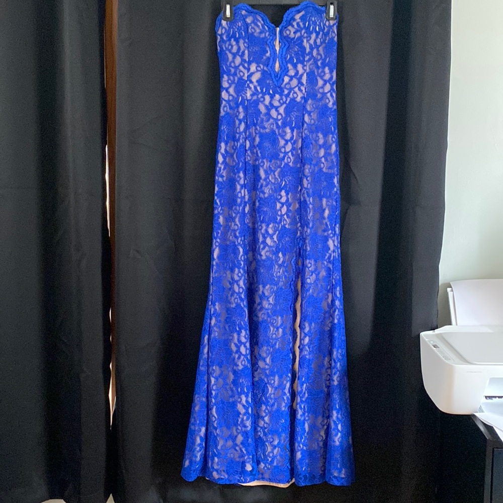 Xscape Blue Lace Strapless Dress